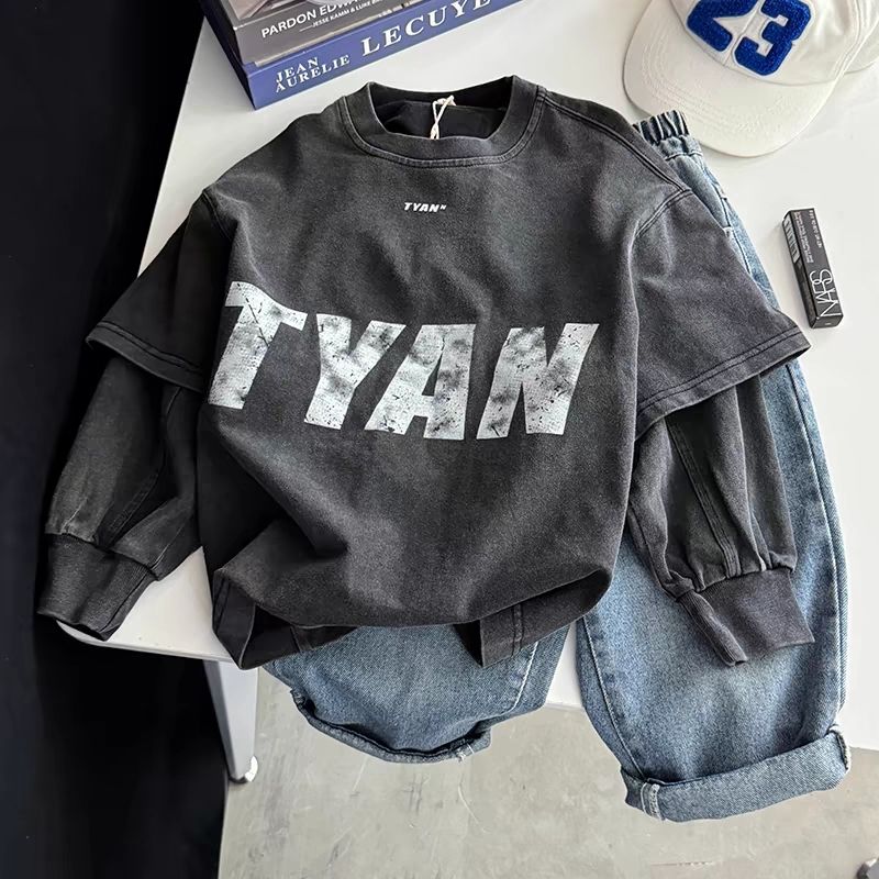 男童假两件长袖T恤2024秋季新款儿童韩版酷帅炸街潮流做旧上衣潮