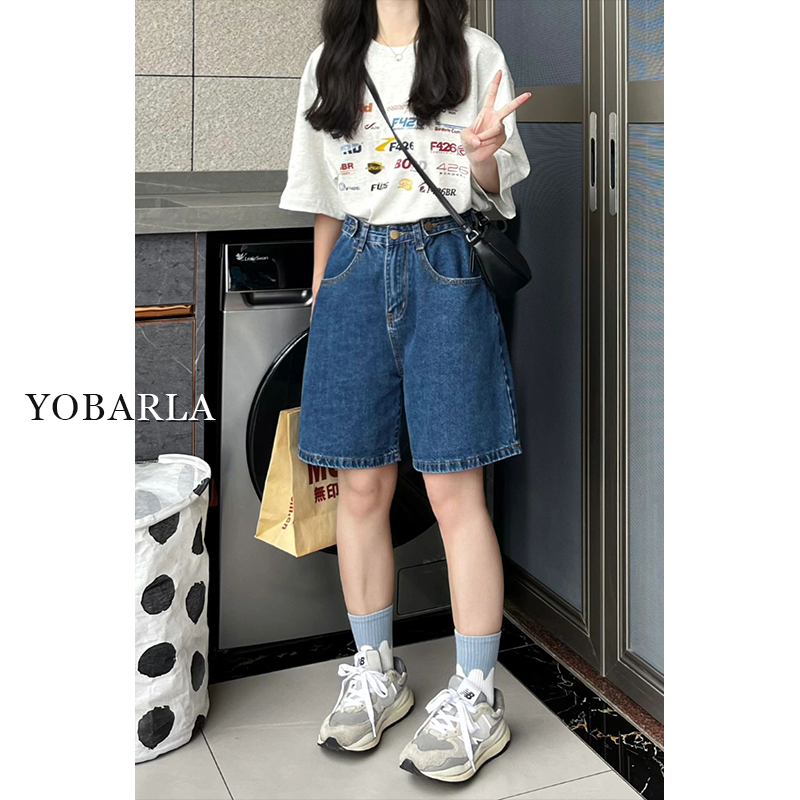 YOBARLA蓝色直筒牛仔短裤女高腰秋冬新款宽松显瘦阔腿五分短裤