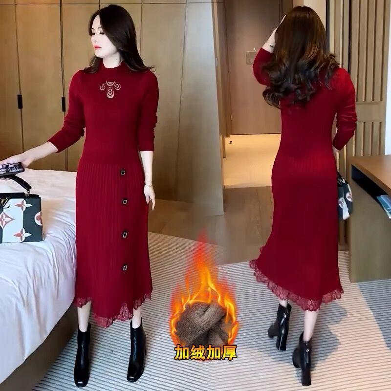 加绒气质时尚连衣裙女秋冬新款时髦洋气中长款蕾丝拼接打底裙