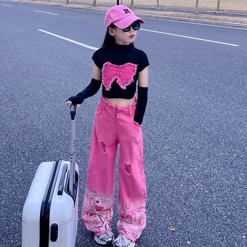 女童美式高街渐变粉色牛仔裤秋季新款高腰宽松破洞毛边直筒阔腿裤