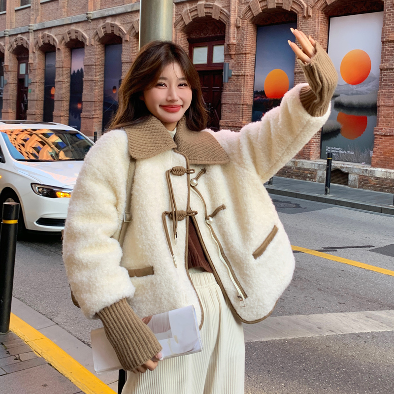 针织领盘扣毛呢外套女小个子2024冬厚实减龄羽绒棉服内胆保暖上衣