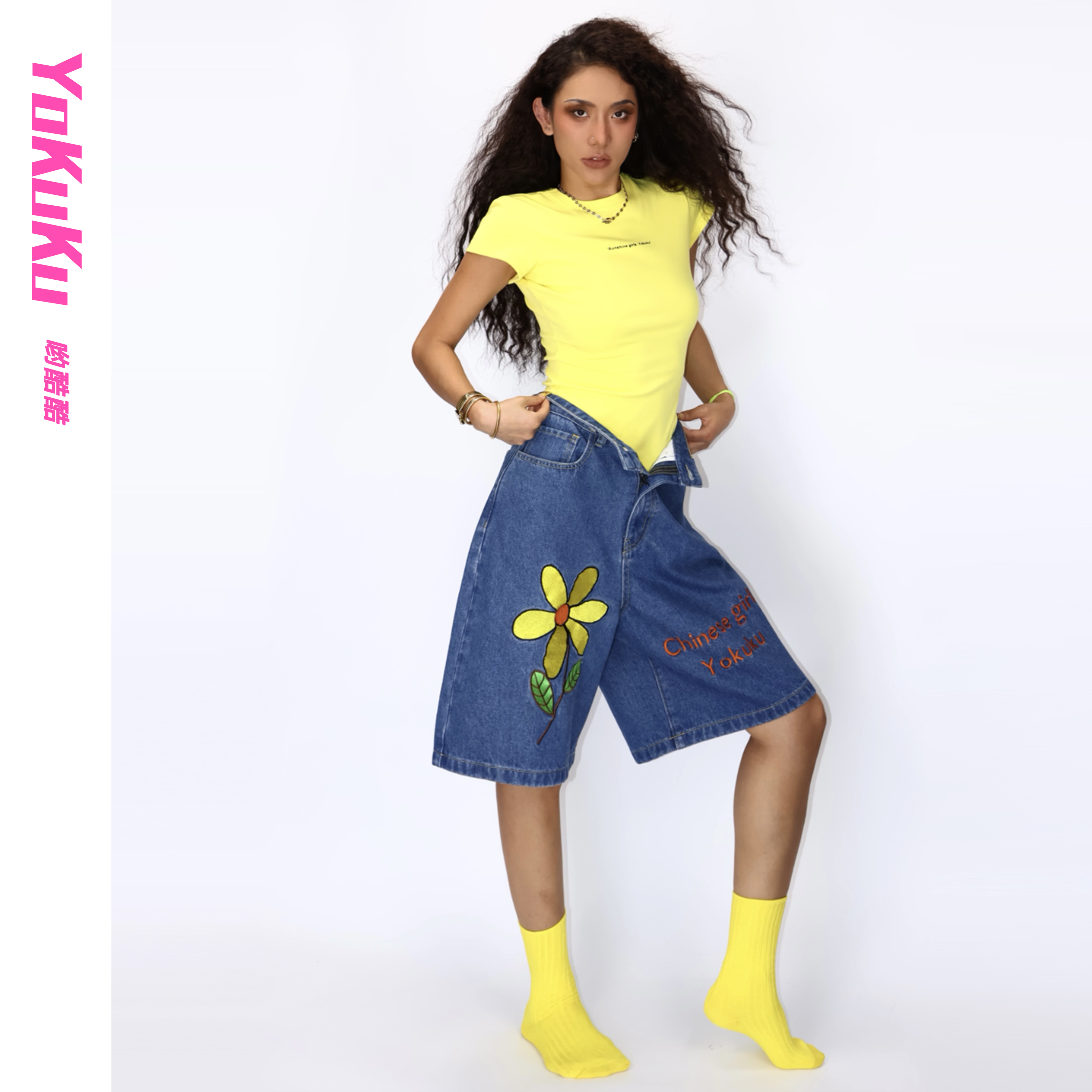 哟酷酷（盛夏和蝉鸣）美式简约百搭修身显瘦Y领字母印花短袖T恤上衣