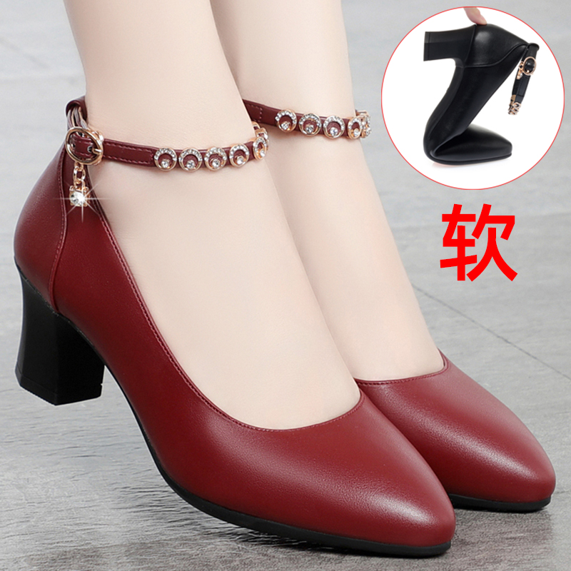 真皮软底浅口带高跟工作尖头红色妈妈配旗袍女鞋粗跟单鞋皮鞋夏