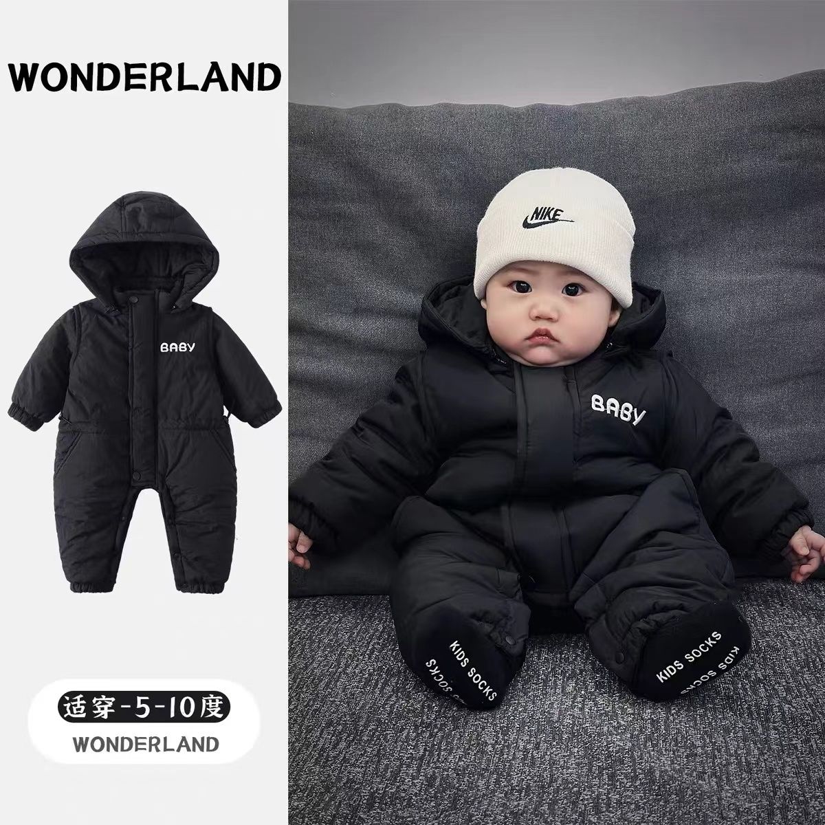 婴儿冬款夹棉连体衣秋冬季新款男宝宝工装衣服棉服冬装幼儿外出服