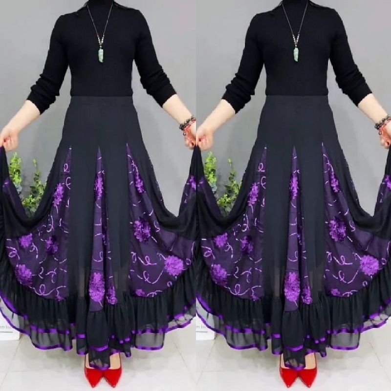 新款高腰高档时尚绣花半身长裙垂坠感蓬蓬舞蹈裙广场交谊舞大摆裙