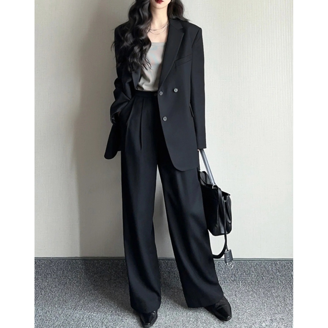 春秋大码女装黑色西装套装胖mm休闲宽松职业西服阔腿裤西服两件套