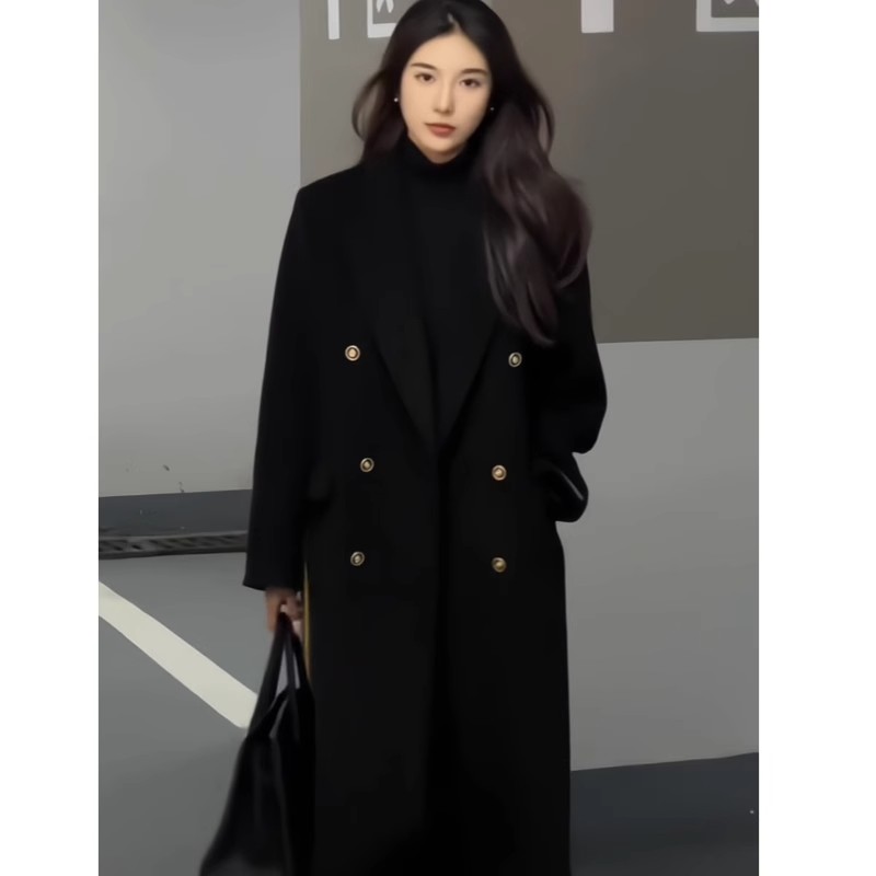 秋冬新款大码高个子黑色毛呢外套女胖mm高级感加长款羊毛呢子大衣