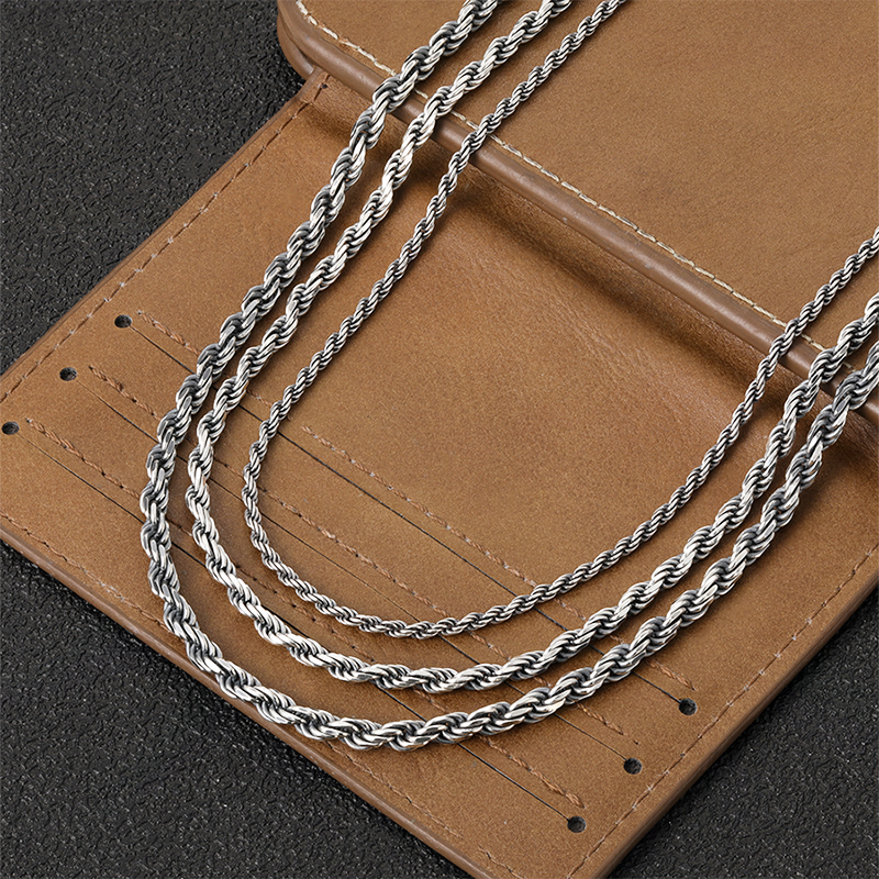 链子925银 复古个性扭纹麻绳链女简约潮流百搭毛衣链锁骨链项链男