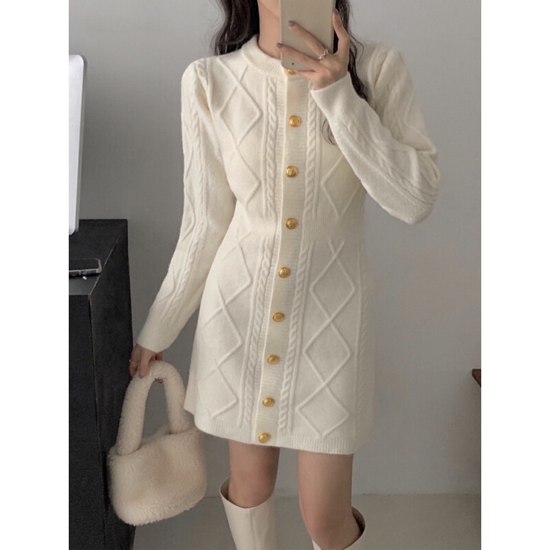 杏色针织衫毛衣开衫外搭连衣裙配大衣包臀短裙宽松初春外套女裙子