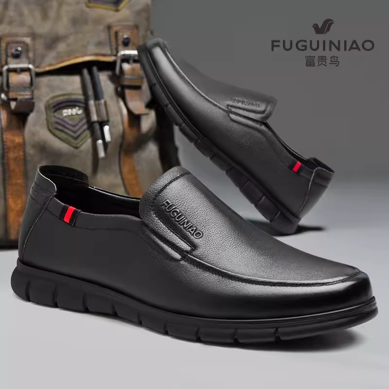 富贵鸟男士商务休闲皮鞋头层牛皮舒适透气真皮套脚软皮软底鞋子男