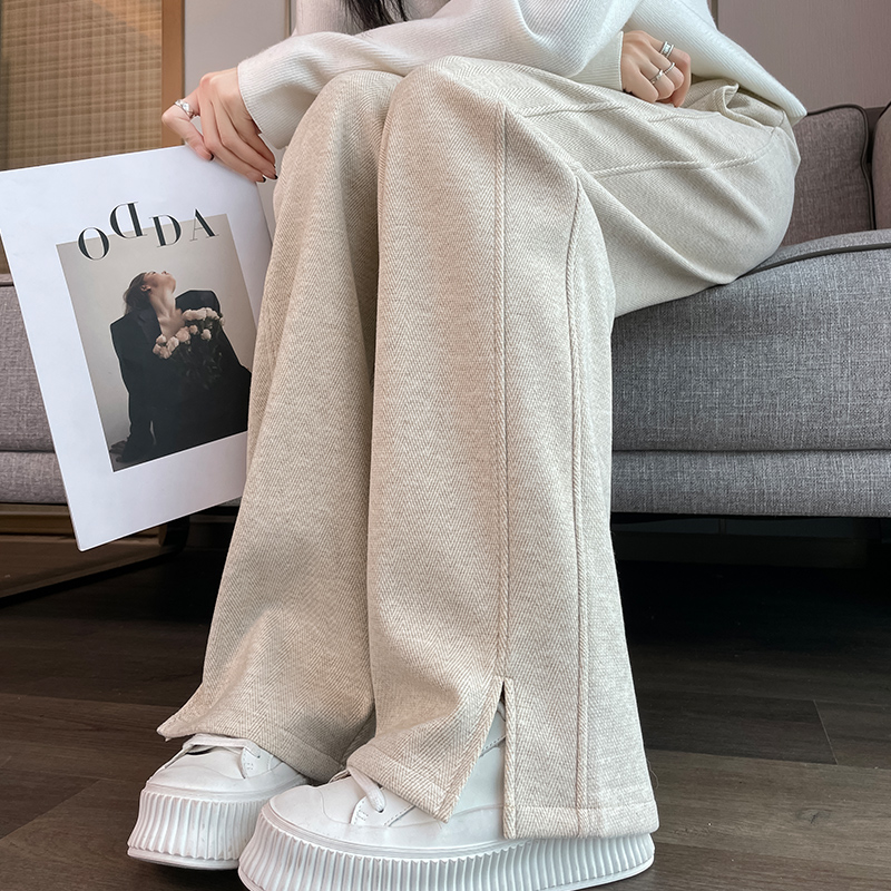 加绒加厚人字纹毛呢开叉香蕉阔腿裤女秋冬季九分大码直筒休闲裤女