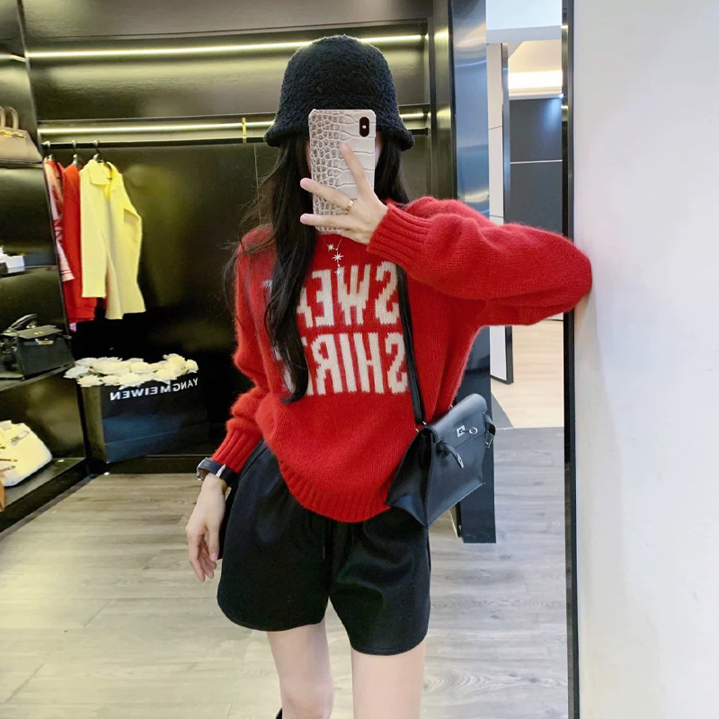 网红红色慵懒风毛衣女秋冬圆领百搭宽松加厚时尚休闲韩版针织衫潮
