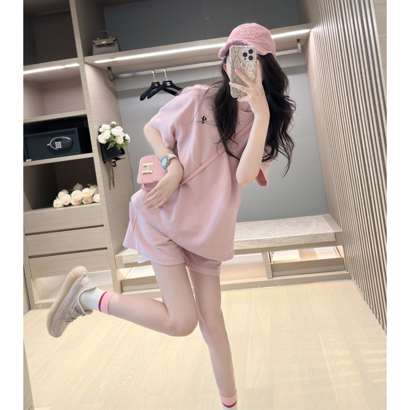 网红减龄夏季运动短袖粉色套装女2025新款爆款洋气短裤两件套薄款