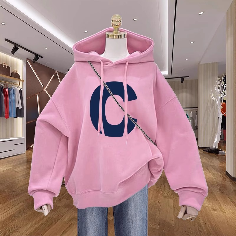 欧货大版粉色连帽卫衣女2025秋冬新款宽松休闲百搭加绒套头上衣潮