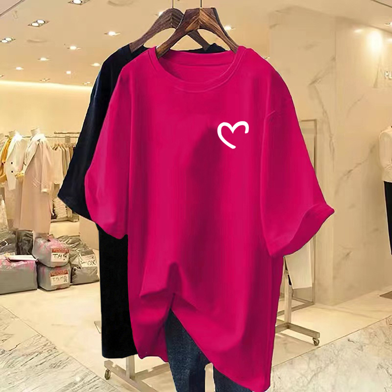纯棉中长款短袖爱心T恤夏2025新款女装欧货大版纯棉宽松内搭上衣