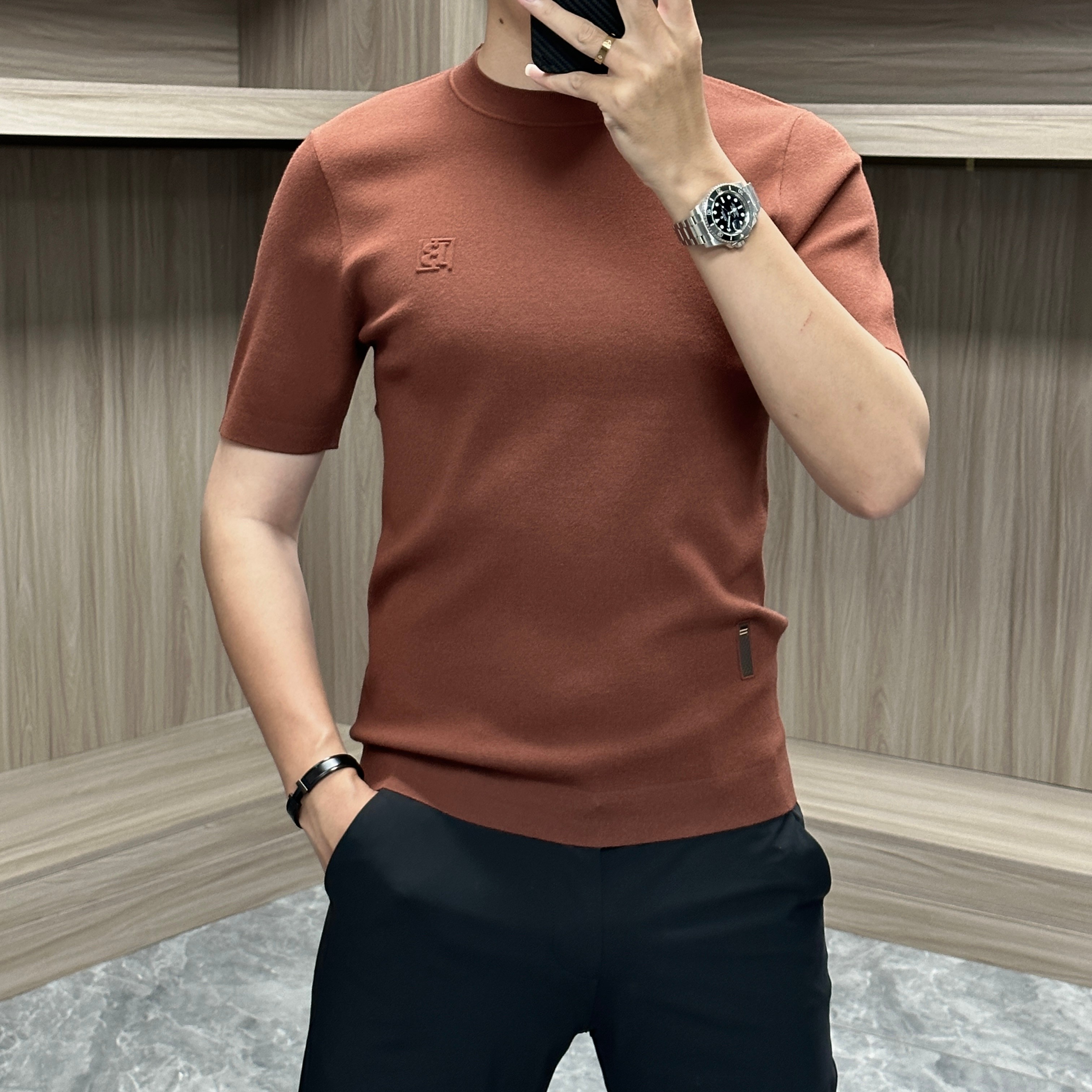 高端短袖毛衣男2025秋冬男装休闲针织半袖圆领纯色百搭毛衣打底衫