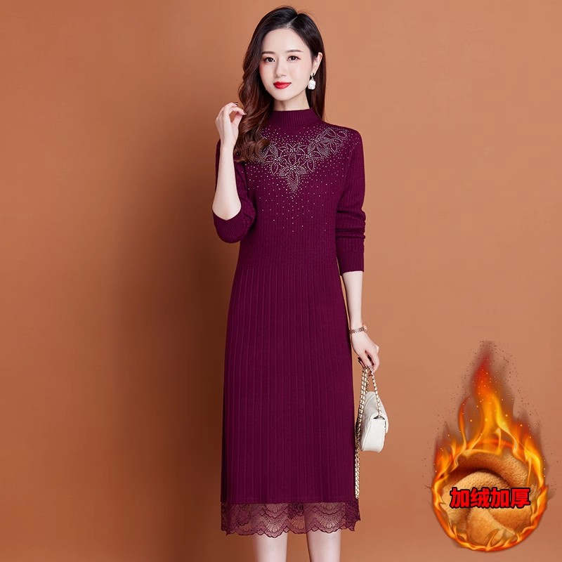 加绒加厚连衣裙女冬季2025新款洋气配大衣的内搭蕾丝打底裙秋冬款