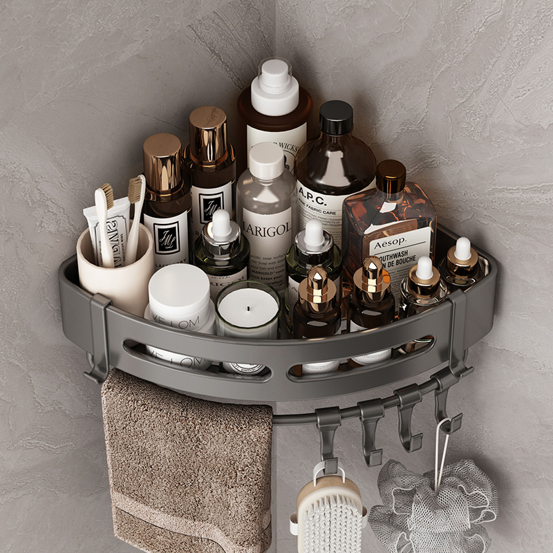 枪灰色卫生间浴室置物架三角壁挂式免打孔转角厕所洗手洗澡间收纳