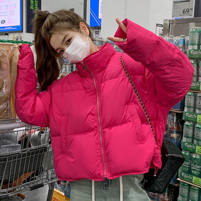 网红爆款火龙果色短款羽绒服女2025冬新款小个子加厚白鸭绒面包服