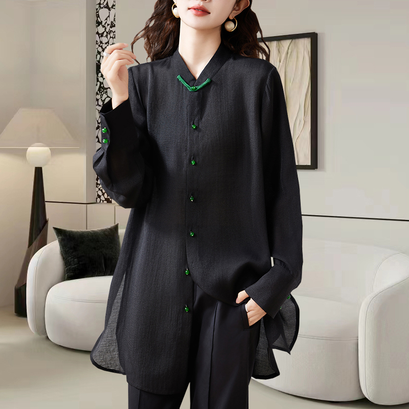 新中式轻国风盘扣衬衫女秋季2025新款黑色立领气质中长款衬衣上衣