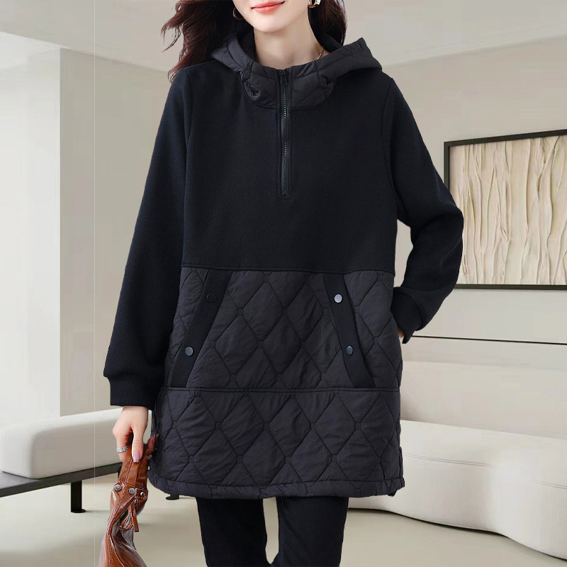 中长款连帽加绒卫衣大码女装2025秋冬新款慵懒风宽松减龄加厚上衣