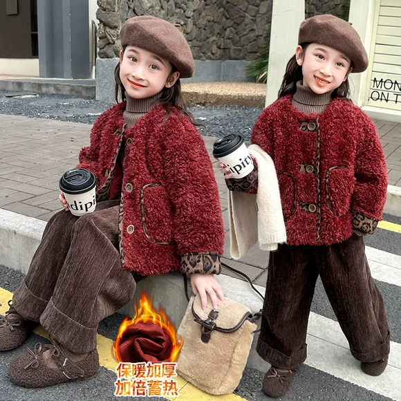 女童冬季加绒套装2025新款儿童夹棉小香风两件套时髦仿皮草冬装潮
