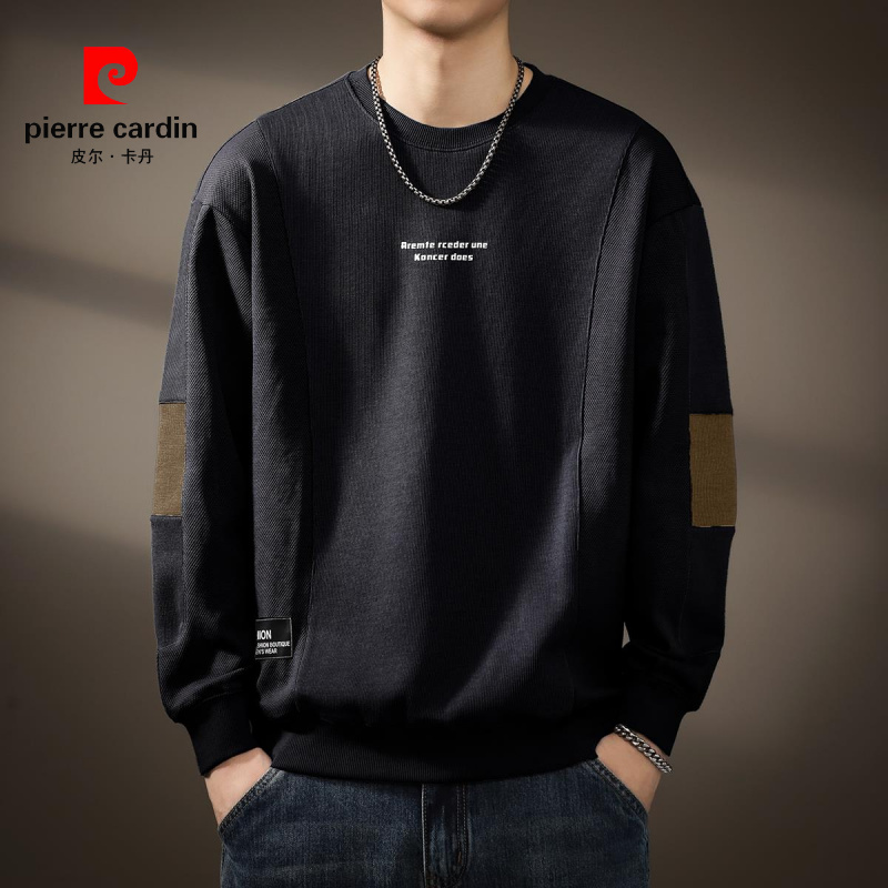 皮尔卡丹高端美式重磅针织卫衣男秋季宽松大码复古圆领长袖休闲男
