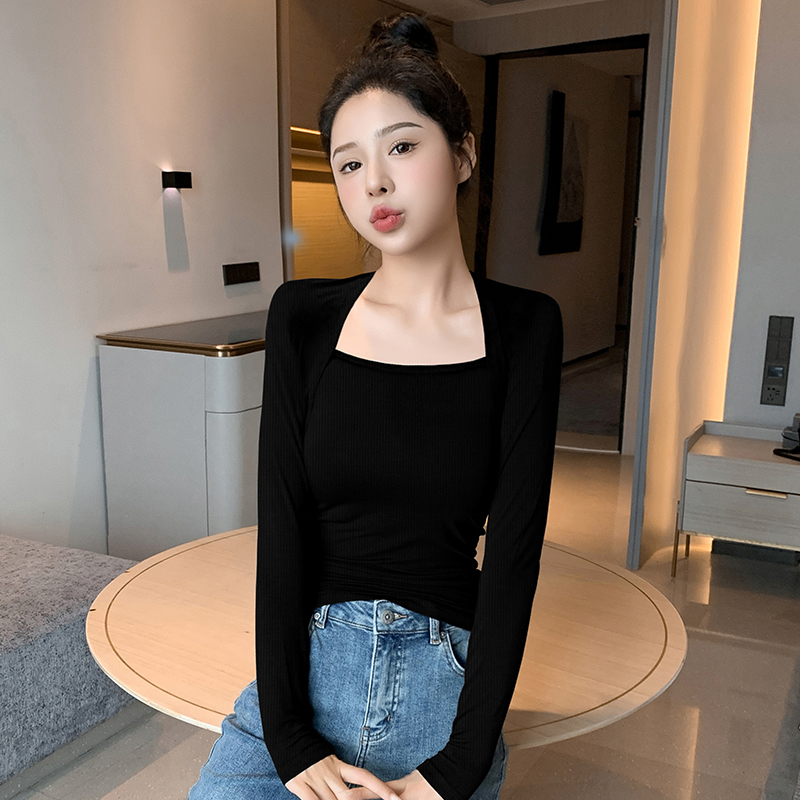 黑色螺纹方领打底衫女秋季内搭修身显瘦气质洋气设计感长袖t恤女