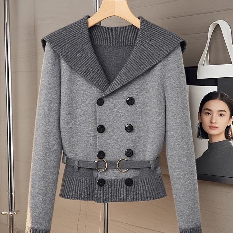 小香风高级感别致潮流时尚复古灰色长袖针织衫外套慵懒气质针织衫