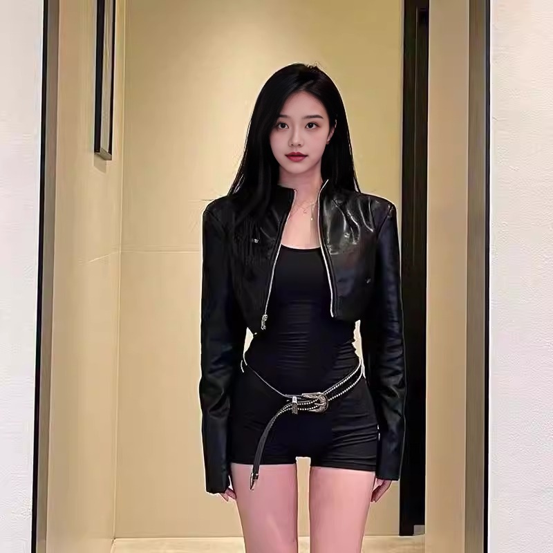 糖苏TANGSU短款皮衣外套春秋季立领黑色机车痞帅炸街风女装高级感