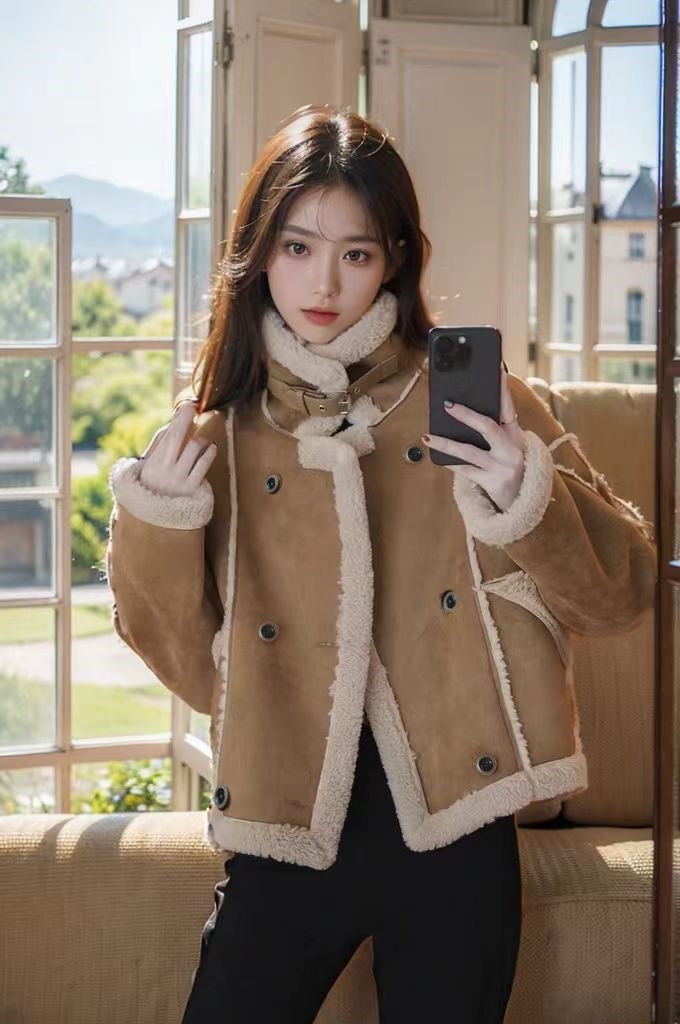 宽松版皮毛一体羊羔绒机车外套短款秋冬新款2024小个子加厚1801