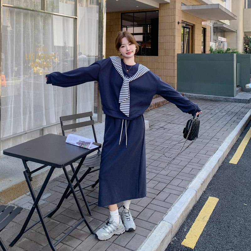 海军领卫衣套装裙春秋韩版休闲宽松显瘦气质针织上衣半身裙两件套