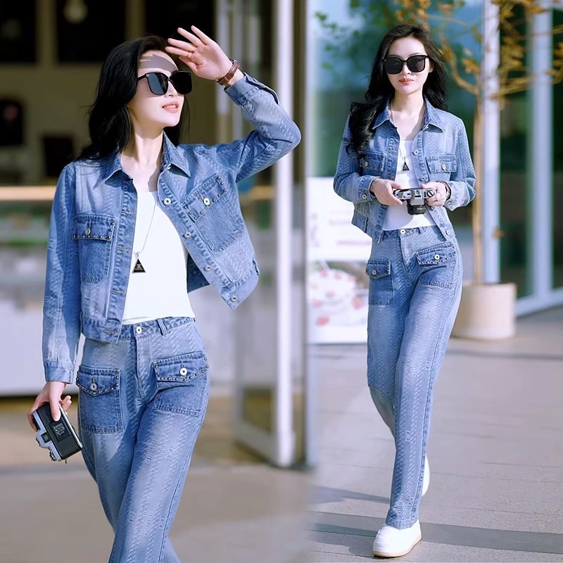 活泼减龄牛仔外套套装女2025春秋新款小个子洋气显瘦阔腿裤两件套