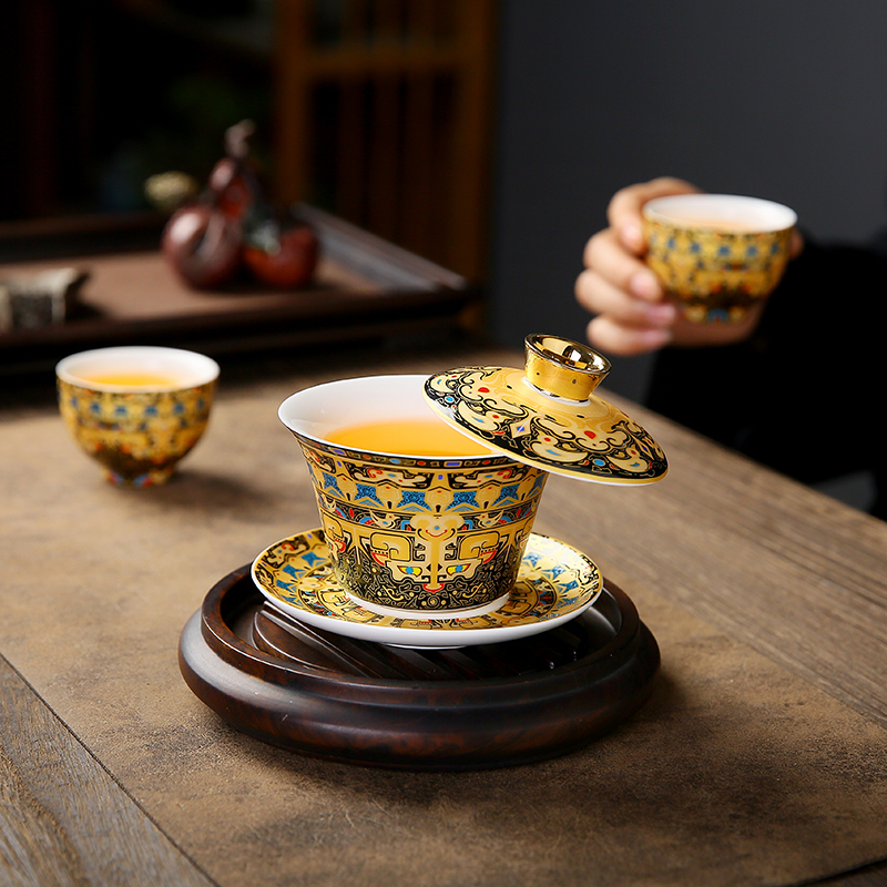 唐卡悬停盖碗中式大号陶瓷敬茶碗高档礼品功夫茶具三才泡茶碗茶杯