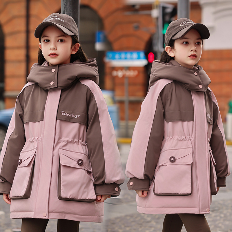 儿童羽绒服女童新年中长款防水加厚女孩冬外套可收腰2024新款