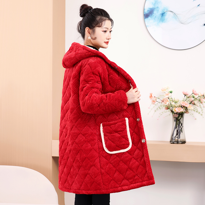 冬季女士加绒加厚棉服连帽中长款保暖棉衣纯色简约罩衣