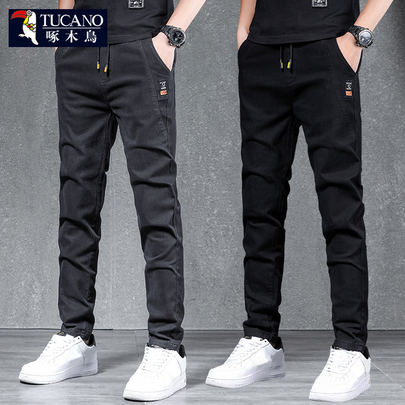 啄木鸟秋冬新款休闲裤男士加绒直筒修身弹力小脚长裤子加厚运动裤