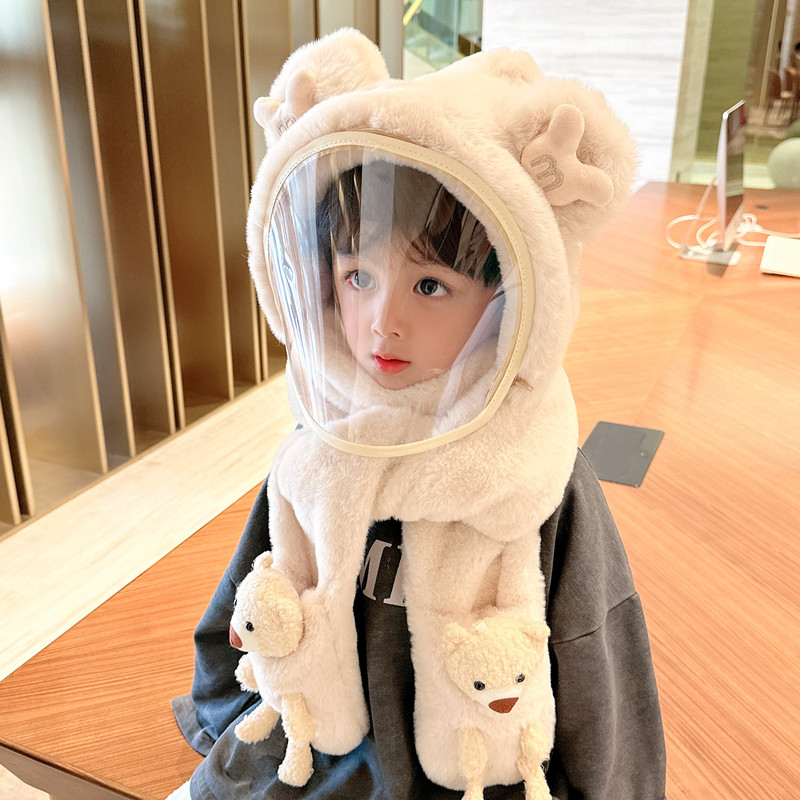 儿童帽子冬季保暖面罩骑行帽毛绒男女童护耳围巾手套一体防风帽