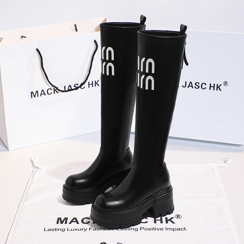 【内增高11CM长筒靴】香港MK2025新款厚底时尚英伦风粗高跟骑士靴