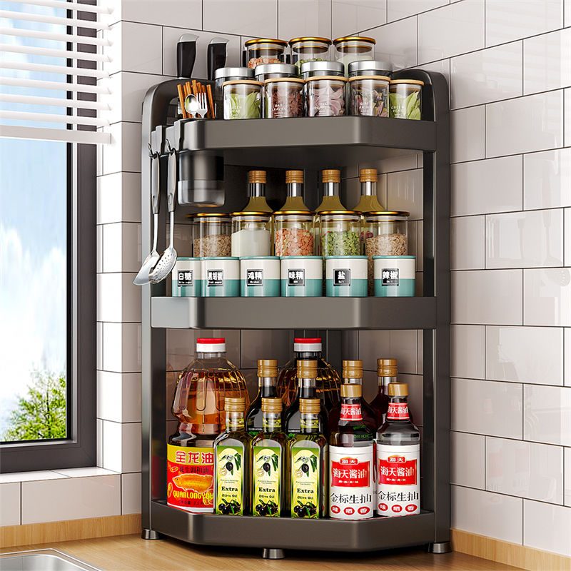 厨房置物架调料架台面多功能厨房盐油转角多层收纳盒三角架全碳钢
