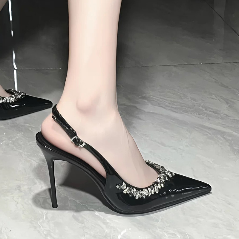 2024春秋新款黑色尖头水钻镶边高跟鞋女细跟法式性感绝美浅口单鞋