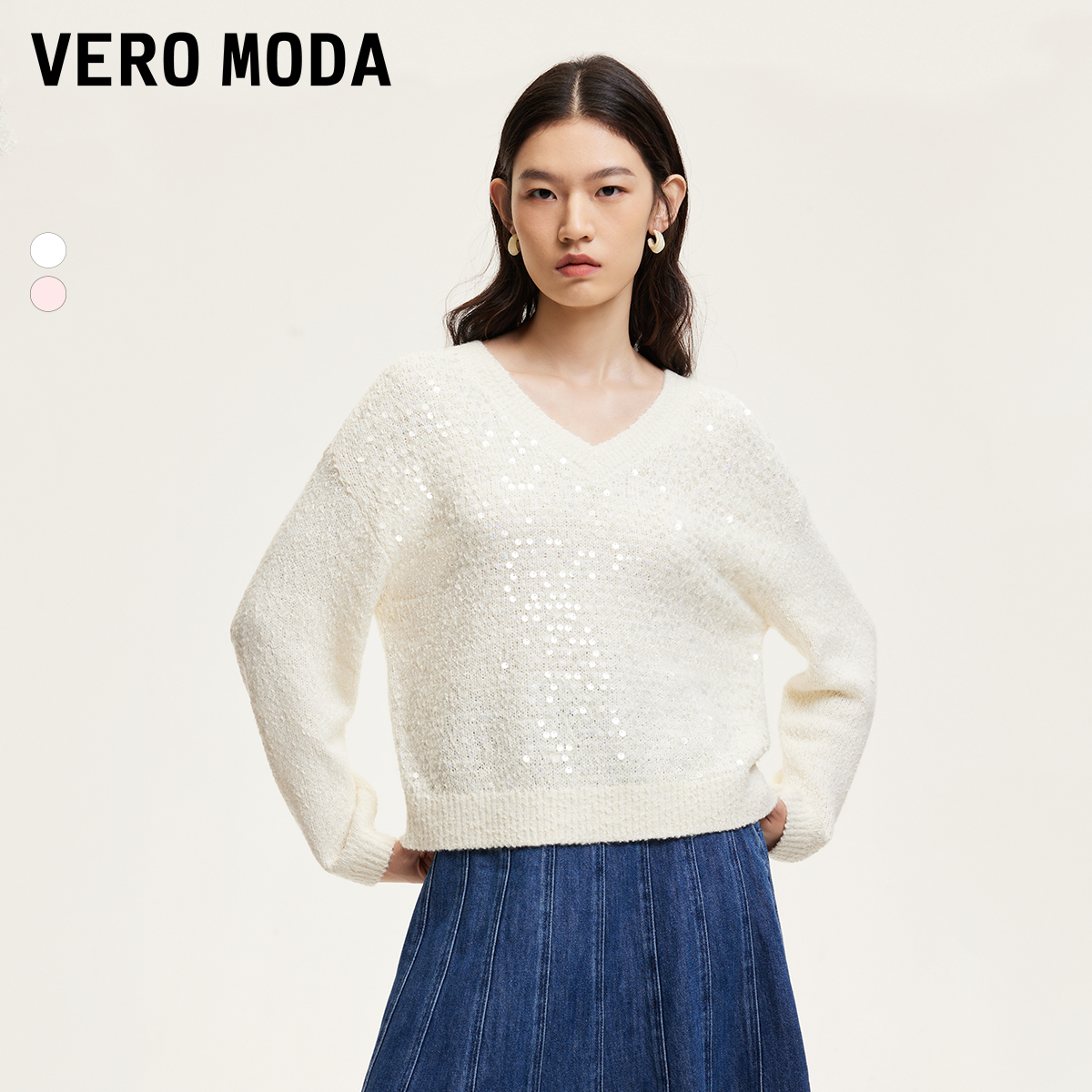 Vero Moda针织衫女装洋气宽松H版垂顺亮片V领甜美时尚炸街高级感