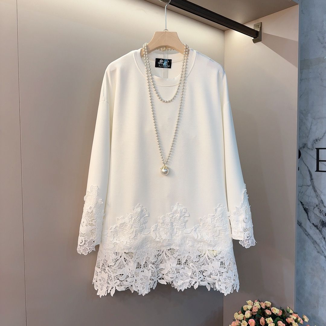 蕾丝底摆圆领韩版宽松冬款遮肚子休闲大码大衫24225