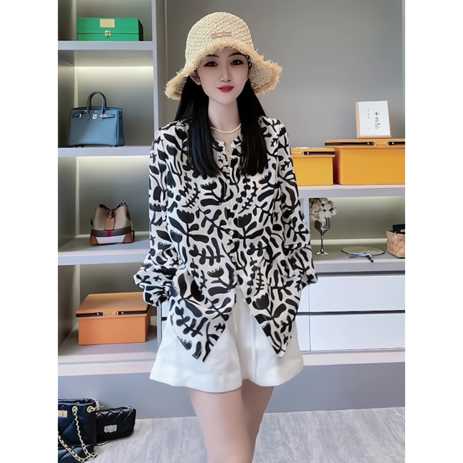 高级感流行千鸟格穿搭新款一整套花色减龄纽扣开衫长袖上衣两件套