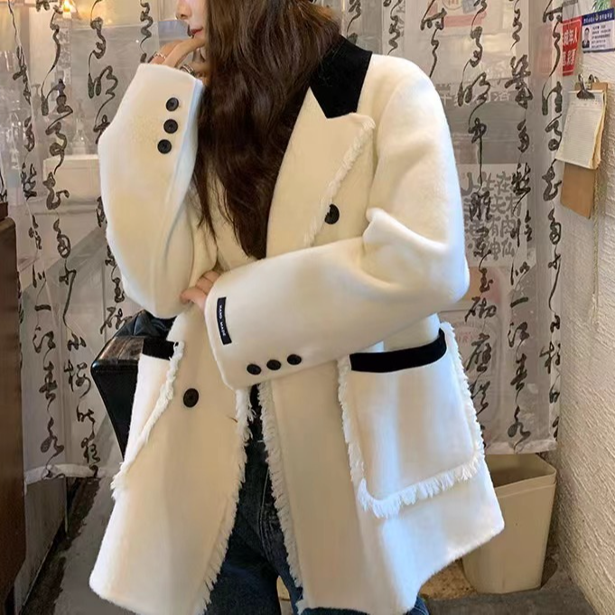 2024秋冬新款拼色毛边时尚设计双面羊绒大衣西装领毛呢外套