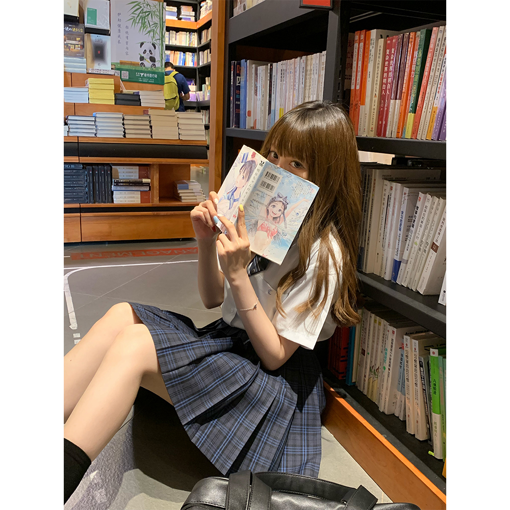 心脏地震不织蓝JK制服格裙套装显白漫画省心穿搭半身百褶裙学院风