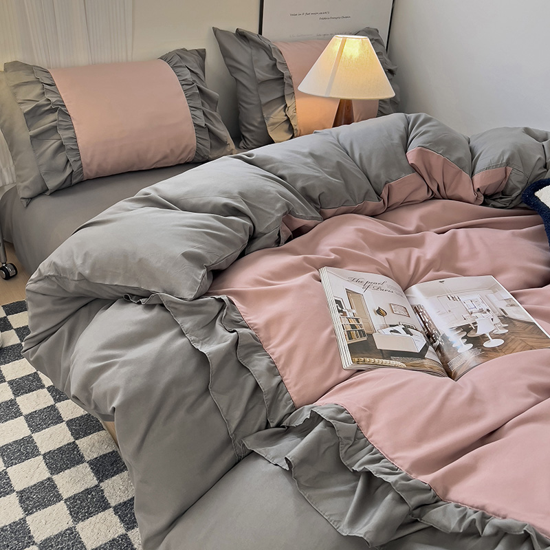 ins韩式非全棉床上四件套荷叶花边被罩双人1.8床单被套单人三件套