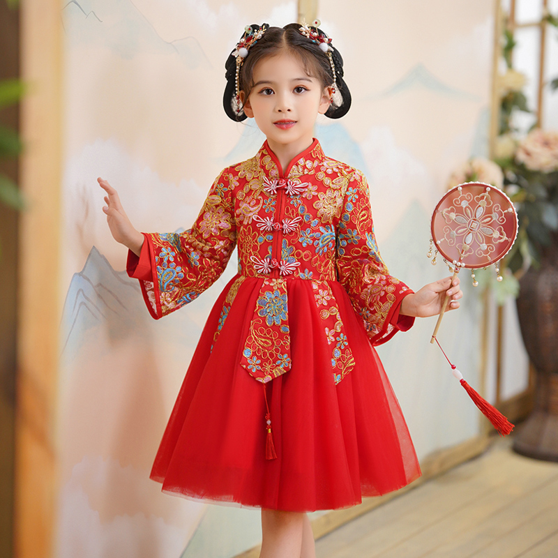 女童汉服春秋装新款国风小女孩唐装拜年服连衣裙儿童秋冬装公主裙