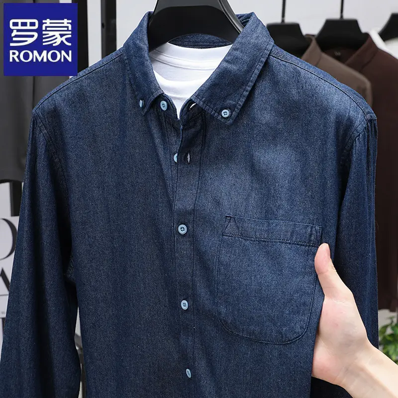 罗蒙宽松百搭男士牛仔衬衫春秋季高级感休闲翻领潮流长袖衬衣外套