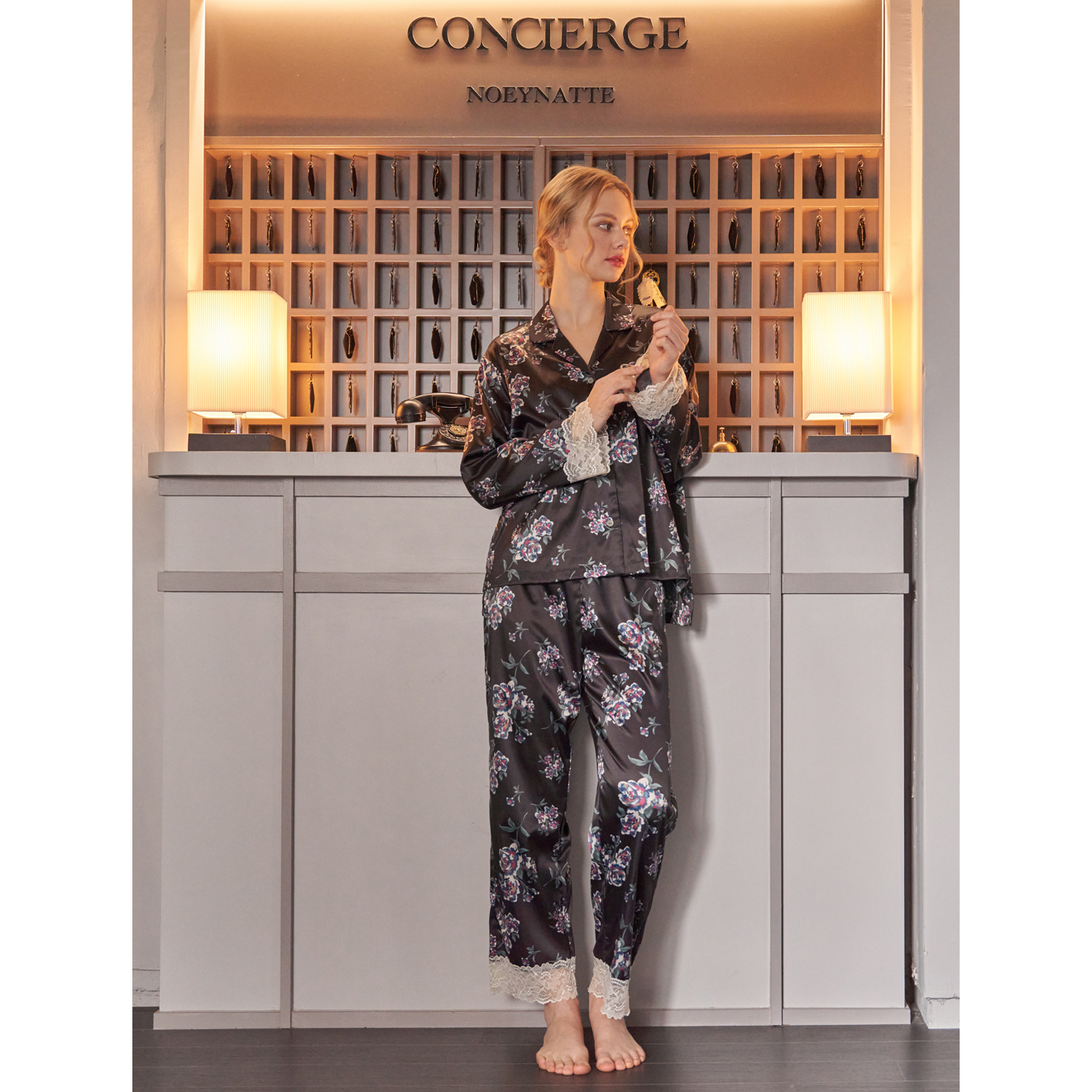 【树下优品】韩国UL家/贵妇款黑色蕾丝重工长袖睡衣女士家居服23193